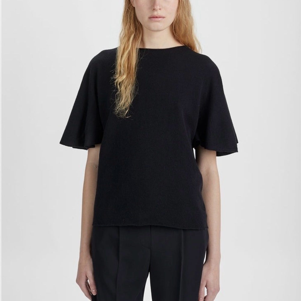 The Row Marley Cashmere Sweater / Top (Sz XL) Short Flutter Sleeves Black